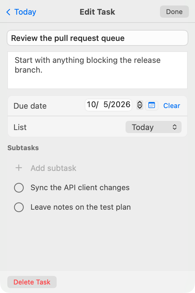 TaskMenu’s task editor with notes, a due-date picker, list selection, and subtasks.