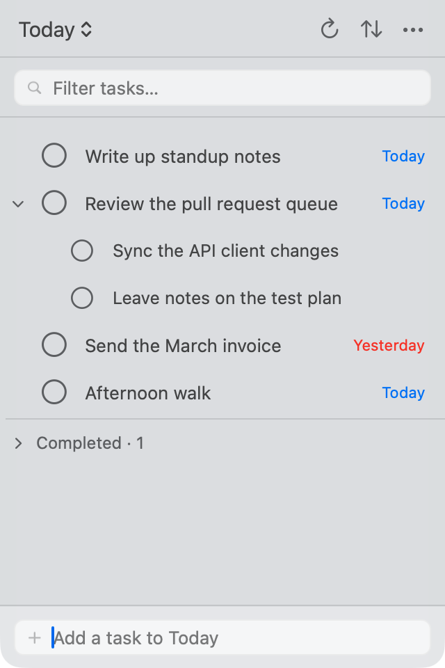 TaskMenu’s Today list with due dates, nested subtasks, a completed section, and an inline Add a task field.